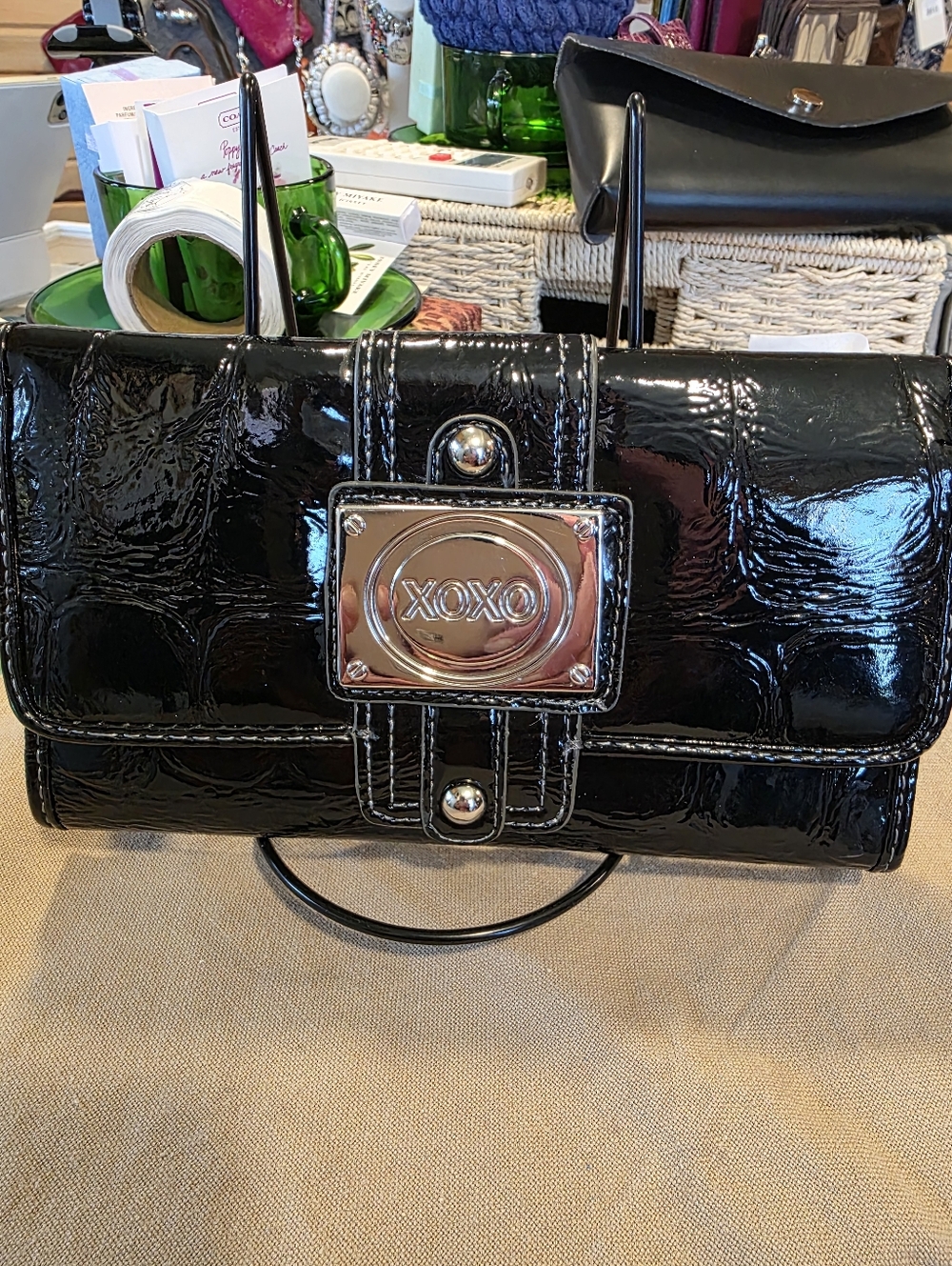 XOXO Black Patent Clutch with Logo Plaque